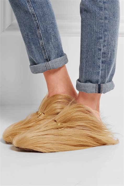 gucci detailed goat hair slippers|gucci chewbacca slippers.